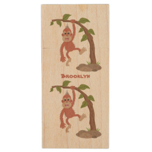 Cute happy baby orangutan cartoon illustration wood flash drive