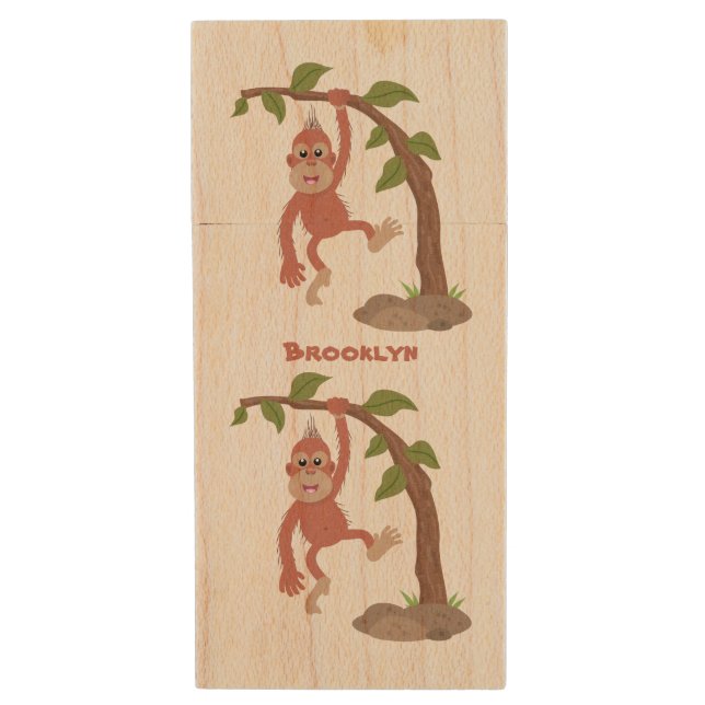 Cute happy baby orangutan cartoon illustration wood flash drive (Front Vertical)