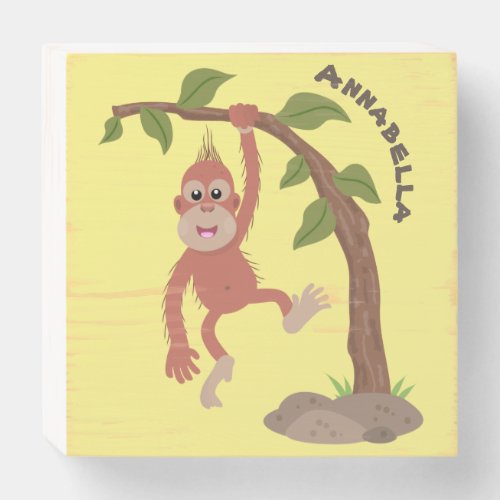 Cute happy baby orangutan cartoon illustration wooden box sign
