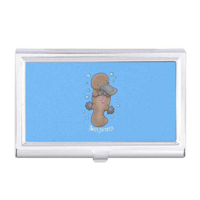 Cute happy baby platypus cartoon illustration business card case (Front)