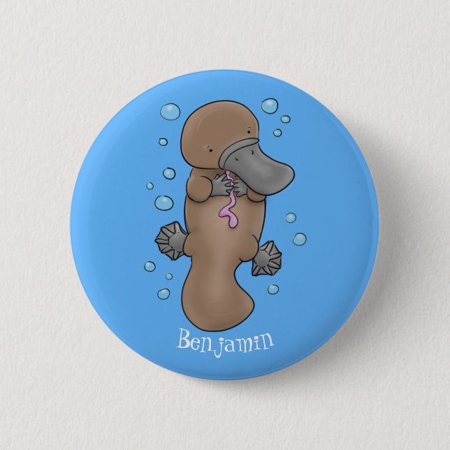 Cute happy baby platypus cartoon illustration button (Front)