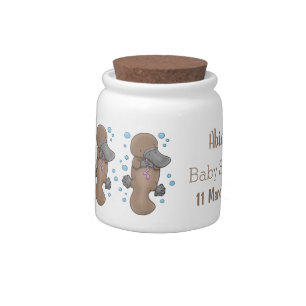 Cute happy baby platypus cartoon illustration candy jar