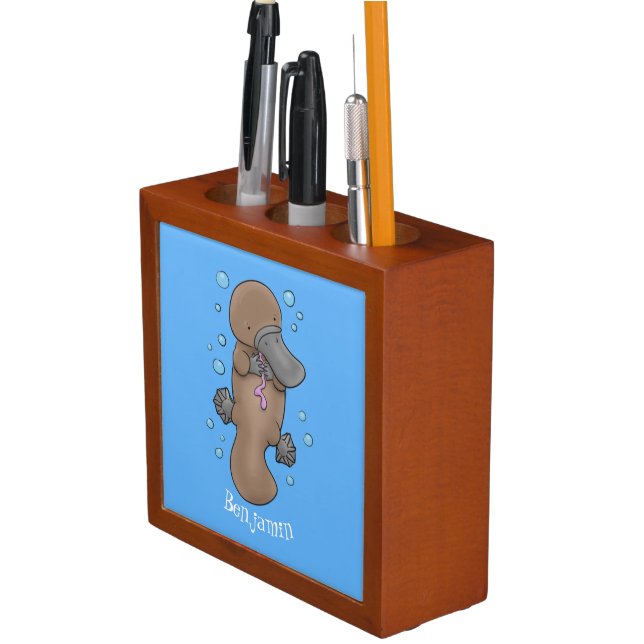 Cute happy baby platypus cartoon illustration desk organizer (In Situ)