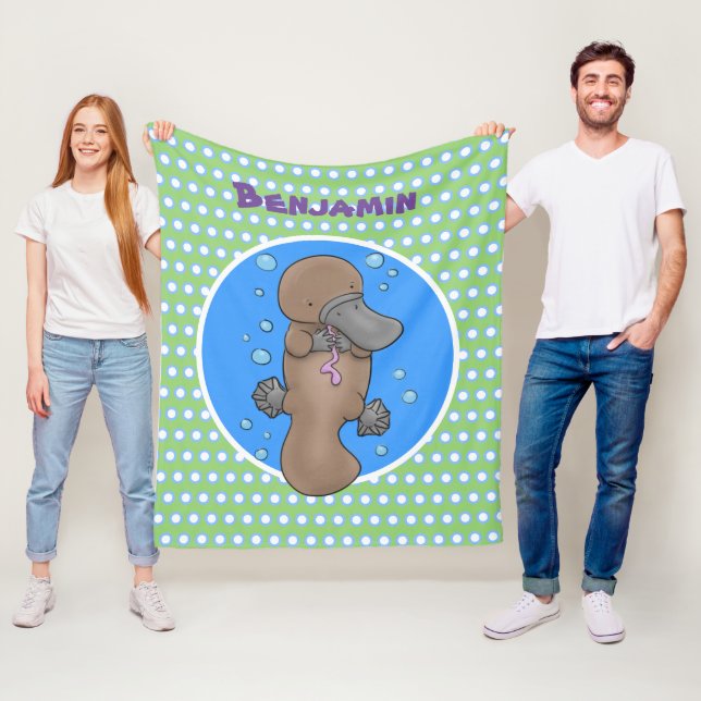 Cute happy baby platypus cartoon illustration fleece blanket (In Situ)