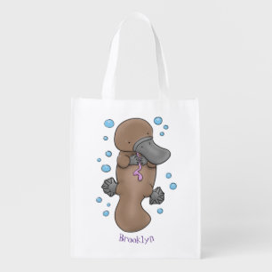 Cute happy baby platypus cartoon illustration grocery bag