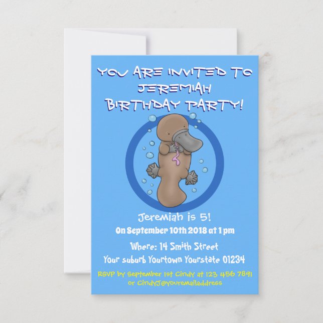 Cute happy baby platypus cartoon illustration invitation (Front)