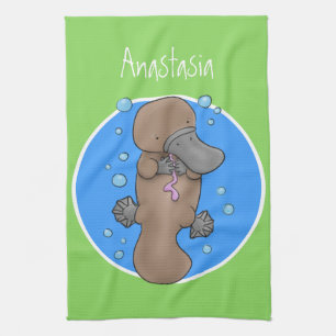 Cute happy baby platypus cartoon illustration kitchen towel