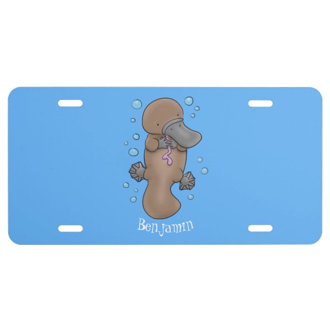 Cute happy baby platypus cartoon illustration  license plate (Front)