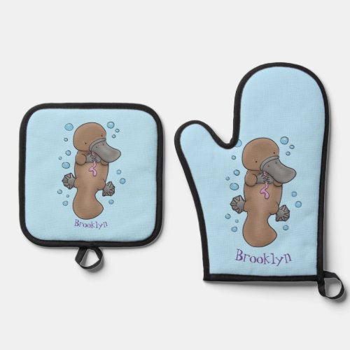 Cute happy baby platypus cartoon illustration oven mitt  pot holder set