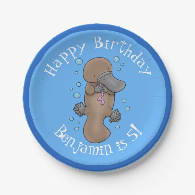 Cute happy baby platypus cartoon illustration paper plates (Front)