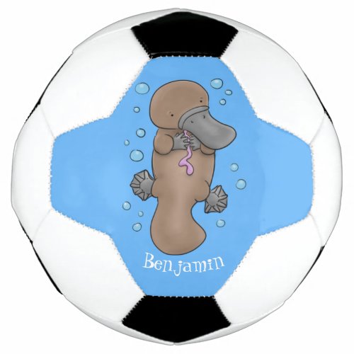 Cute happy baby platypus cartoon illustration  soccer ball