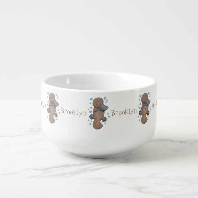 Cute happy baby platypus cartoon illustration soup mug (Front)