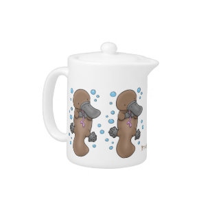 Cute happy baby platypus cartoon illustration teapot
