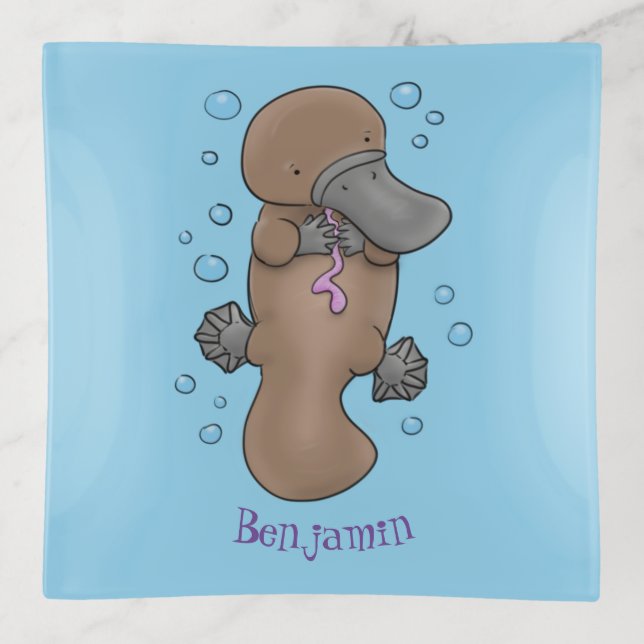 Cute happy baby platypus cartoon illustration trinket tray (Front)