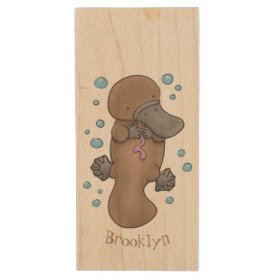 Cute happy baby platypus cartoon illustration wood flash drive