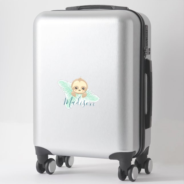 Cute Happy Baby Sloth with Palm Leaves Monogram Sticker (Suitcase)