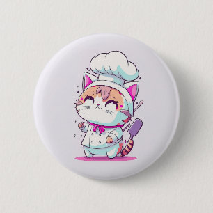 Cute Happy Baker Pastry Chef Cat Kitten Button