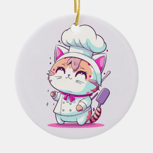 Cute Happy Baker Pastry Chef Cat Kitten  Ceramic Ornament