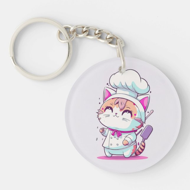 Cute Happy Baker Pastry Chef Cat Kitten | Keychain (Front)