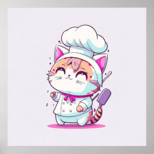 Cute Happy Baker Pastry Chef Cat Kitten   Poster