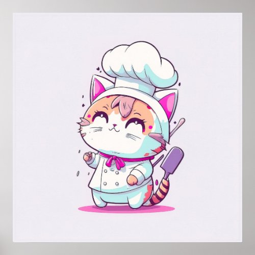 Cute Happy Baker Pastry Chef Cat Kitten  Poster