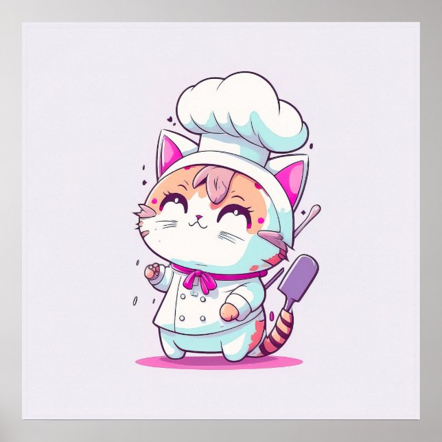 Cute Happy Baker Pastry Chef Cat Kitten | Poster (Front)