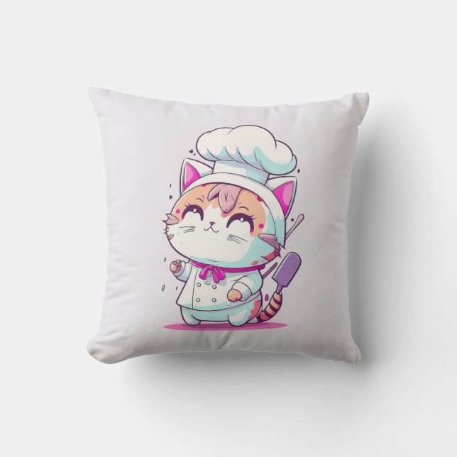 Cute Happy Baker Pastry Chef Cat Kitten | Throw Pillow (Front)