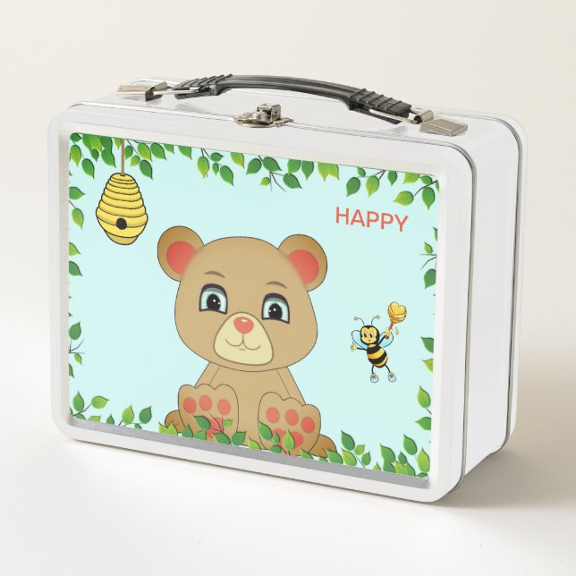 Cute Happy Bear and Honey Bee Metal Lunch Box (Front)