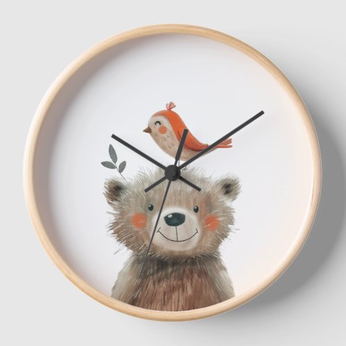 Cute Happy Bear Bird  Watercolor Nurs Clock