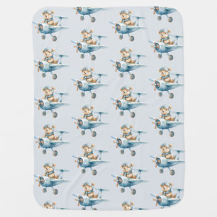 Cute Happy Bear Pilot Blue Airplane Beautiful Baby Blanket