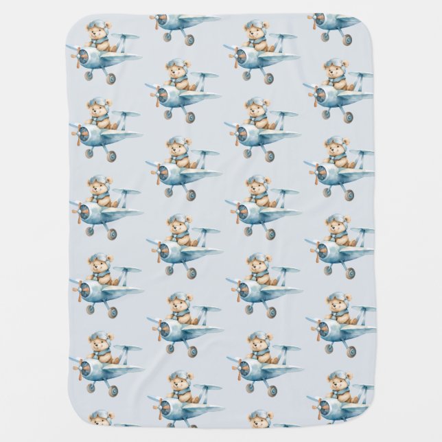 Cute Happy Bear Pilot Blue Airplane Beautiful Baby Blanket (Front)
