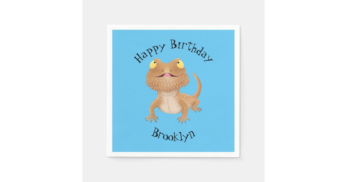 Cute happy bearded dragon lizard birthday cartoon napkins | Zazzle
