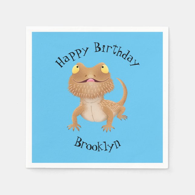 Cute happy bearded dragon lizard birthday cartoon napkins (Front)