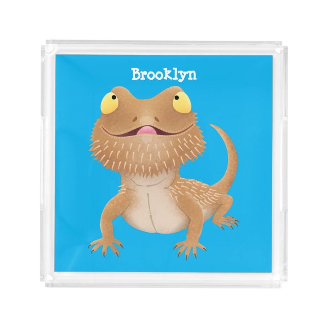 Cute happy bearded dragon lizard cartoon acrylic tray (Front)