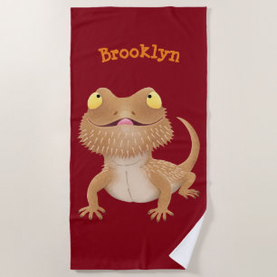 Cute happy bearded dragon lizard cartoon  beach to towel