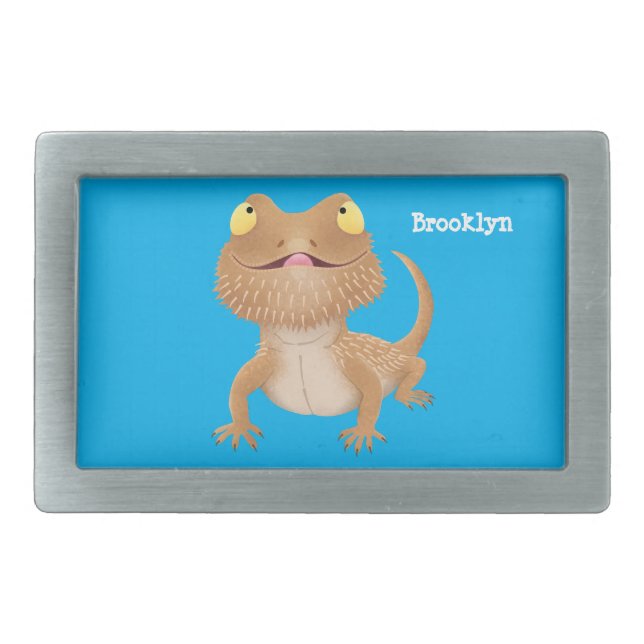 Cute happy bearded dragon lizard cartoon belt buckle (Front)