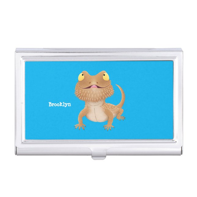 Cute happy bearded dragon lizard cartoon  business card case (Front)