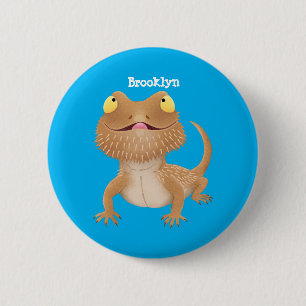 Cute happy bearded dragon lizard cartoon button