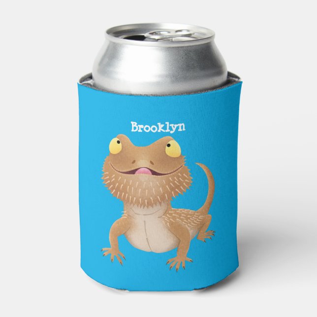 Cute happy bearded dragon lizard cartoon can cooler (Can Front)