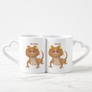 Cute happy bearded dragon lizard cartoon coffee mug set
