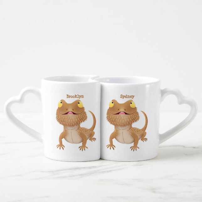 Cute happy bearded dragon lizard cartoon coffee mug set (Back Nesting)