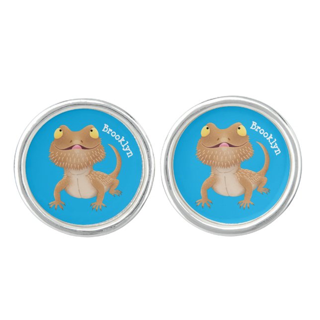 Cute happy bearded dragon lizard cartoon cufflinks (Front)