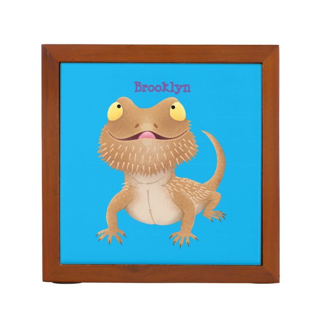 Cute happy bearded dragon lizard cartoon desk organizer (Front)