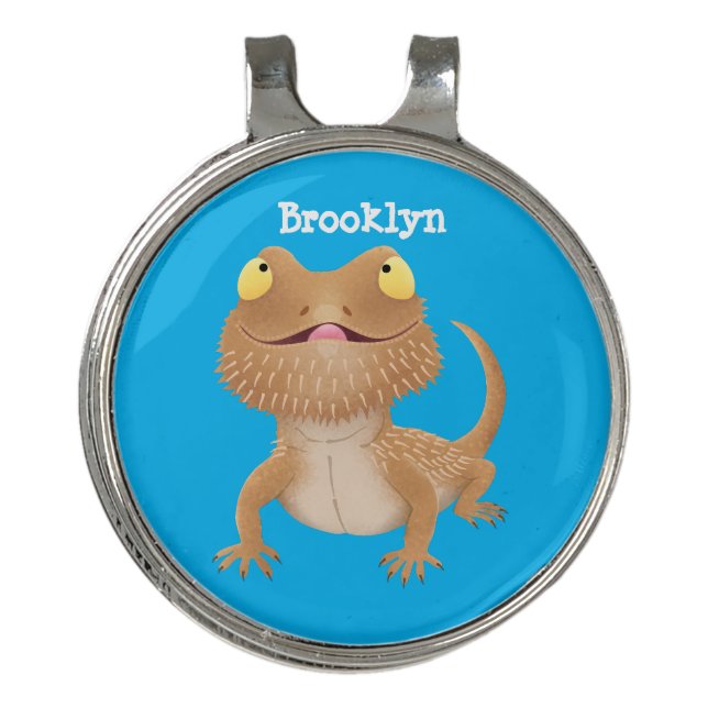 Cute happy bearded dragon lizard cartoon golf hat clip (Front)