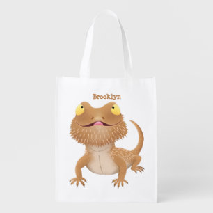 Cute happy bearded dragon lizard cartoon grocery bag