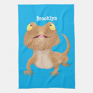 Cute happy bearded dragon lizard cartoon kitchen towel