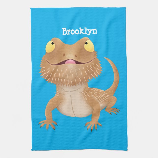 Cute happy bearded dragon lizard cartoon kitchen towel (Vertical)