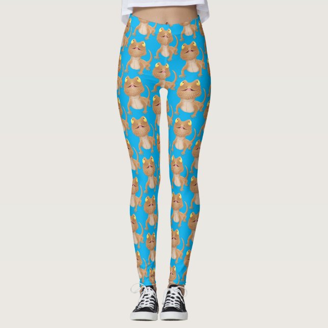 Cute happy bearded dragon lizard cartoon leggings (Front)