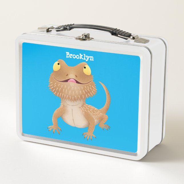 Cute happy bearded dragon lizard cartoon metal lunch box (Front)
