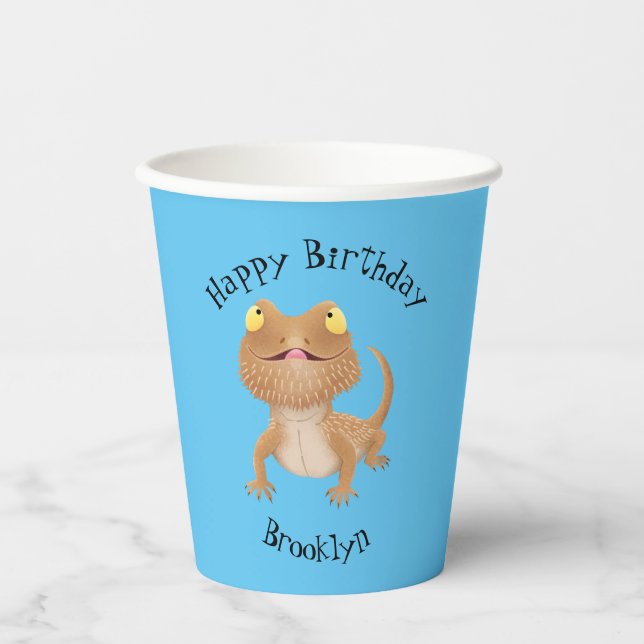 Cute happy bearded dragon lizard cartoon paper cups (Front)